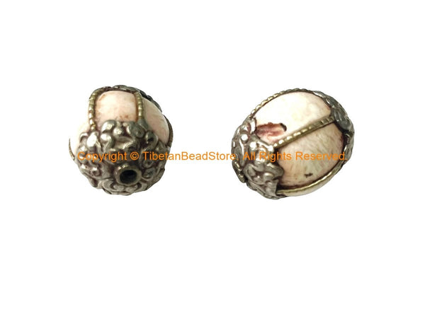 2 BEADS - BIG Tibetan Handmade Ethnic Naga Conch Shell Beads with Decorative Floral Caps & Wire Accents - Tribal Beads - B3537E
