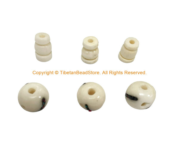 3 SETS Tibetan Inlaid White Guru Bead Sets - Handmade Tibetan Guru Beads with Inlays - Mala Making Supply - GB112D