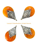 BIG Reversible Tibetan Resin Amber Pendant with Tibetan Silver Caps, Repousse Lotus Flower Details & Bead Inlay Accent - WM7999B-1