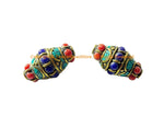 2 BEADS - BIG Tibetan Bicone Beads with Brass, Turquoise & Coral, Lapis Inlays - Ethnic Nepal Tibetan Handmade Beads - B3540-2