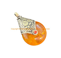 2 PENDANTS - Reversible Tibetan Resin Amber Pendants with Tibetan Silver Caps, Repousse Lotus Flower Details & Bead Inlay Accent - WM7999-2