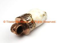 Tibetan Twisted Spiral Solid Naga Conch Shell Pendant with Handcarved Repousse Copper Cap- Boho Ethnic Tribal Tibetan Amulet- WM7197B