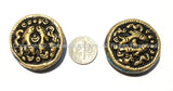 1 Bead - Large Tibetan Repousse Brass Auspicious Double Fish Round Disc Shape Bead with Turquoise Side Inlays -  B2240-1