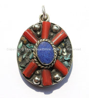 Tibetan Flower Pendant with Lapis, Turquoise & Coral Inlays - Tibetan Pendant - Boho Ethnic Tribal Tibetan Jewelry - WM6070