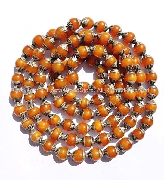 10 BEADS - Tibetan Amber Color Resin Beads with Tibetan Silver Caps - Ethnic Tribal Tibetan Beads - B2135S-10