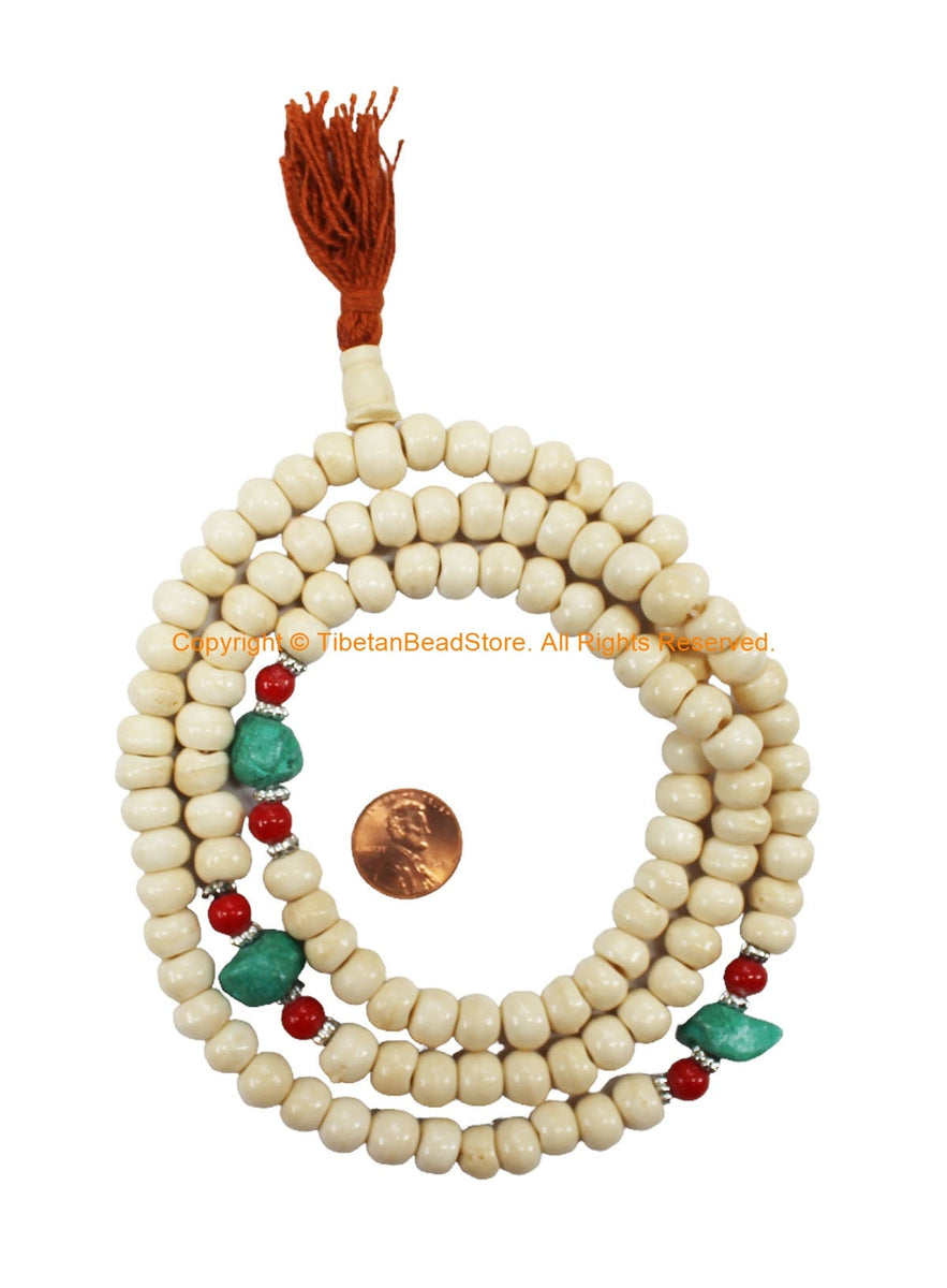Om Tibetan 108 Bone Beads Mala With Counters and Free Pouch – DharmaObjects