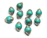10 BEADS - Ethnic Tibetan Turquoise Beads with Tibetan Silver Caps - Ethnic Nepal Tibetan Artisan Handmade Beads - B1805-10