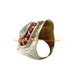 Beautiful Handmade Tibetan OM Mantra Shield Ring with Turquoise, Coral Inlays - Ethnic OM Mantra Large Oval Inlay Ring - R342