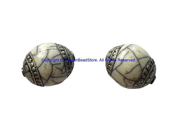 2 BEADS - BIG Tibetan White Crackle Resin Beads With Tibetan Silver Caps - Tibetan Beads - Ethnic Beads - B700B-2