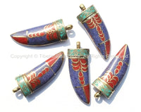 Long Tibetan Lapis, Turquoise, Coral & Brass Horn Tusk Pendant with Brass Cap - Ethnic Tribal Boho Tibetan Horn Pendant - WM5003