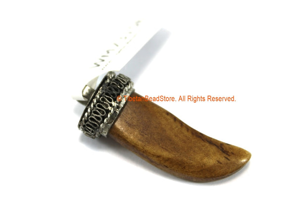Small Stained Bone Tibetan Horn Pendant with Silver Toned Cap - Boho Tibetan Style Bone Horn Pendant - Jewelry Making Supplies - WM7315B
