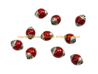 2 BEADS - Tibetan Red Crackle Resin Beads with Repousse Brass Caps - Tibetan Beads Pendants Jewelry - TibetanBeadStore - B3528-2