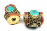 1 BEAD - LARGE Tibetan Brass Barrel Shape Tube Bead with 3-sided Turquoise Inlays & Coral Inlay- Big Ethnic Tibetan Focal Bead- B3105-1