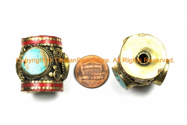1 BEAD - LARGE Tibetan Brass Barrel Shape Tube Bead with 3-sided Turquoise Inlays & Coral Inlay- Big Ethnic Tibetan Focal Bead- B3105-1