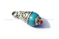 Tibetan Blue Crackle Resin Drop Amulet Charm Pendant with Tibetan Silver Caps & Coral Accent - WM6515J