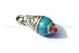 Tibetan Blue Crackle Resin Drop Amulet Charm Pendant with Tibetan Silver Caps & Coral Accent - WM6515J