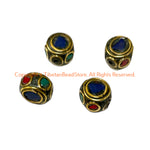 4 BEADS - Handmade Ethnic Tibetan Beads with Brass, Lapis, Turquoise & Coral Inlays - Reversible Disc Beads - B3420D-4