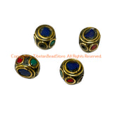 4 BEADS - Handmade Ethnic Tibetan Beads with Brass, Lapis, Turquoise & Coral Inlays - Reversible Disc Beads - B3420D-4