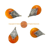 BIG Reversible Tibetan Resin Amber Pendant with Tibetan Silver Caps, Repousse Lotus Flower Details & Bead Inlay Accent - WM7999B-1