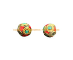 2 BEADS Ethnic Handmade Tibetan Beads with Brass, Turquoise, Coral Inlays - B3535-2