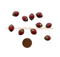 2 BEADS - Tibetan Red Coral Resin Beads with Brass Caps - B3415-2