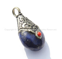 Small Tibetan Lapis Amulet Pendant with Tibetan Silver Caps & Red Coral Accent - Ethnic Lapis Amulet Pendant with Repousse Cap - WM3584