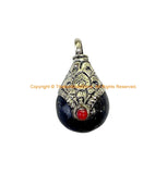 Tibetan Lapis Amulet Pendant with Tibetan Silver Caps & Red Bead Accent - Ethnic Lapis Amulet Pendant with Repousse Cap - WM3584A