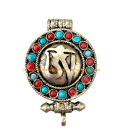 Tibetan "OM" Prayer Box Ghau Amulet Pendant with Turquoise & Coral Inlays - Ethnic Ghau Pendant - Om Aum Ohm - WM7272