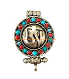 Tibetan "OM" Prayer Box Ghau Amulet Pendant with Turquoise & Coral Inlays - Ethnic Ghau Pendant - Om Aum Ohm - WM7272
