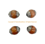 4 BEADS - Tibetan Lustrous Brown Copal Beads with Double Vajra Filigree Repousse Tibetan Silver Caps - Quality Ethnic Unique Beads - B3538-4