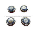 4 BEADS - Handmade Ethnic Tibetan Shell Beads with Lapis & Coral Inlays - Reversible Disc Beads - B3412A-4
