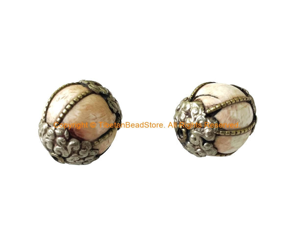 2 BEADS - BIG Tibetan Handmade Ethnic Naga Conch Shell Beads with Decorative Floral Caps & Wire Accents - Tribal Beads - B3537A