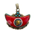 Ethnic Tibetan Sanskrit OM Mantra Crescent Moon-Shape Resin Coral Pendant with Turquoise & Bead Inlays - Tibetan Pendants - WM8011i