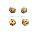 4 BEADS Ethnic Handmade Tibetan Beads with Brass, Turquoise, Coral Inlays - B3535-4