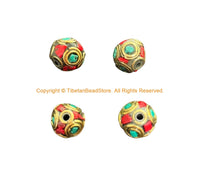 4 BEADS Ethnic Handmade Tibetan Beads with Brass, Turquoise, Coral Inlays - B3535-4