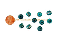 50 BEADS 9-10mm Size Green Inlaid Tibetan Beads with Metal, Turquoise & Coral Inlays - 9mm-10mm - LPB148GC-50