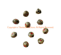 4 BEADS - Handmade Ethnic Tibetan Beads with Brass & Coral Inlays - B3420A-4
