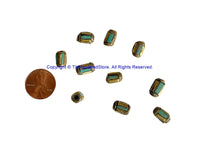 10 BEADS Tibetan Turquoise, Brass Inlay Barrel Beads - Tibetan Beads Tribal Beads - 7mm x 11mm - Barrel Tube Cylinder Beads - B3481-10