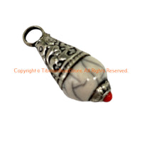 2 Pendants - Tibetan White Crackle Resin Drop Charm Pendants with Tibetan Silver Caps & Coral Accent - WM6515K-2