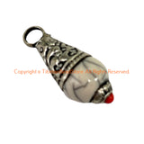 2 Pendants - Tibetan White Crackle Resin Drop Charm Pendants with Tibetan Silver Caps & Coral Accent - WM6515K-2