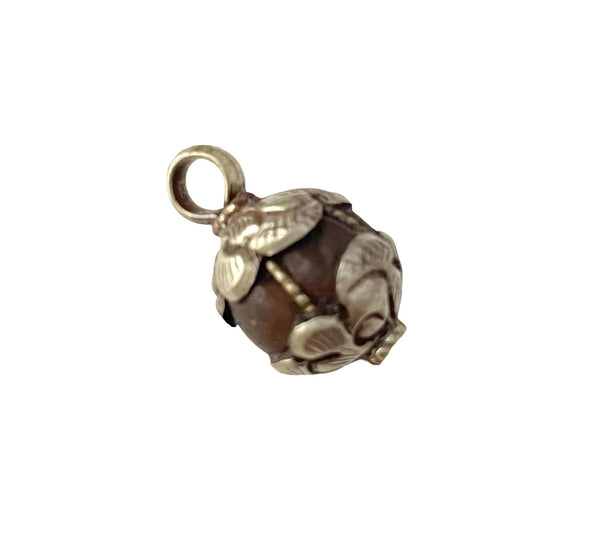 Old Carnelian Melon-Shaped Ethnic Tibetan Charm Pendant with Tibetan Silver Wire Inlay & Repousse Floral Caps - WM7985OC