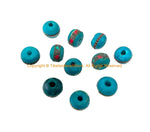 30 BEADS 9-10mm Size Blue Green Inlaid Tibetan Beads with Metal, Turquoise & Coral Inlays - 9mm-10mm - LPB148TC-30