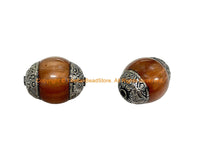 10 BEADS - Tibetan Lustrous Brown Copal Beads with Double Vajra Filigree Repousse Tibetan Silver Caps - Quality Ethnic Beads - B3538-10