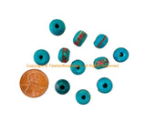 30 BEADS 9-10mm Size Blue Green Inlaid Tibetan Beads with Metal, Turquoise & Coral Inlays - 9mm-10mm - LPB148TC-30