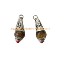 2 PENDANTS - AS IS Ethnic Tibetan Tigers Eye Drop Charm Pendants with Tibetan Silver Caps & Red Coral Accent - WM8012