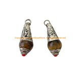2 PENDANTS - AS IS Ethnic Tibetan Tigers Eye Drop Charm Pendants with Tibetan Silver Caps & Red Coral Accent - WM8012