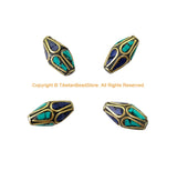 4 BEADS Tibetan Bicone Beads with Brass, Lapis & Turquoise Inlays - Handmade Brass Inlay Beads - B3539-4