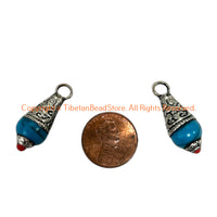 Tibetan Blue Crackle Resin Drop Amulet Charm Pendant with Tibetan Silver Caps & Coral Accent - WM6515J