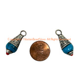 Tibetan Blue Crackle Resin Drop Amulet Charm Pendant with Tibetan Silver Caps & Coral Accent - WM6515J