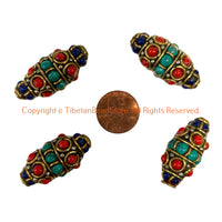 2 BEADS - EXTRA BIG Tibetan Bicone Beads with Brass, Turquoise & Coral, Lapis Inlays - Ethnic Nepal Tibetan Handmade Beads - B3540B-2